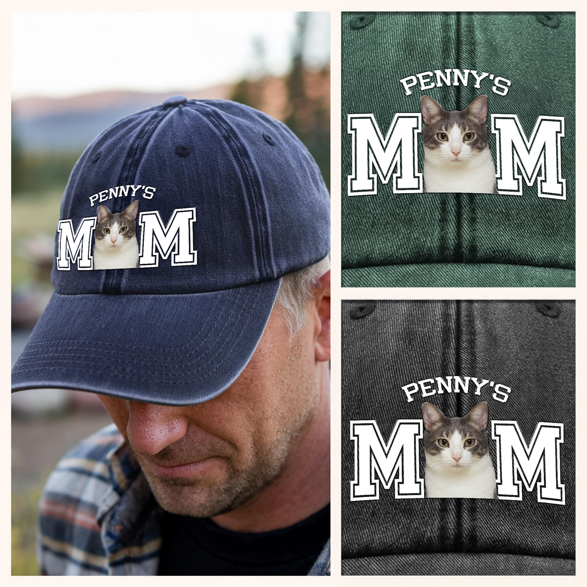 Custom Photo Dog Cat Dad Washed Denim Baseball Cap HA75 892466