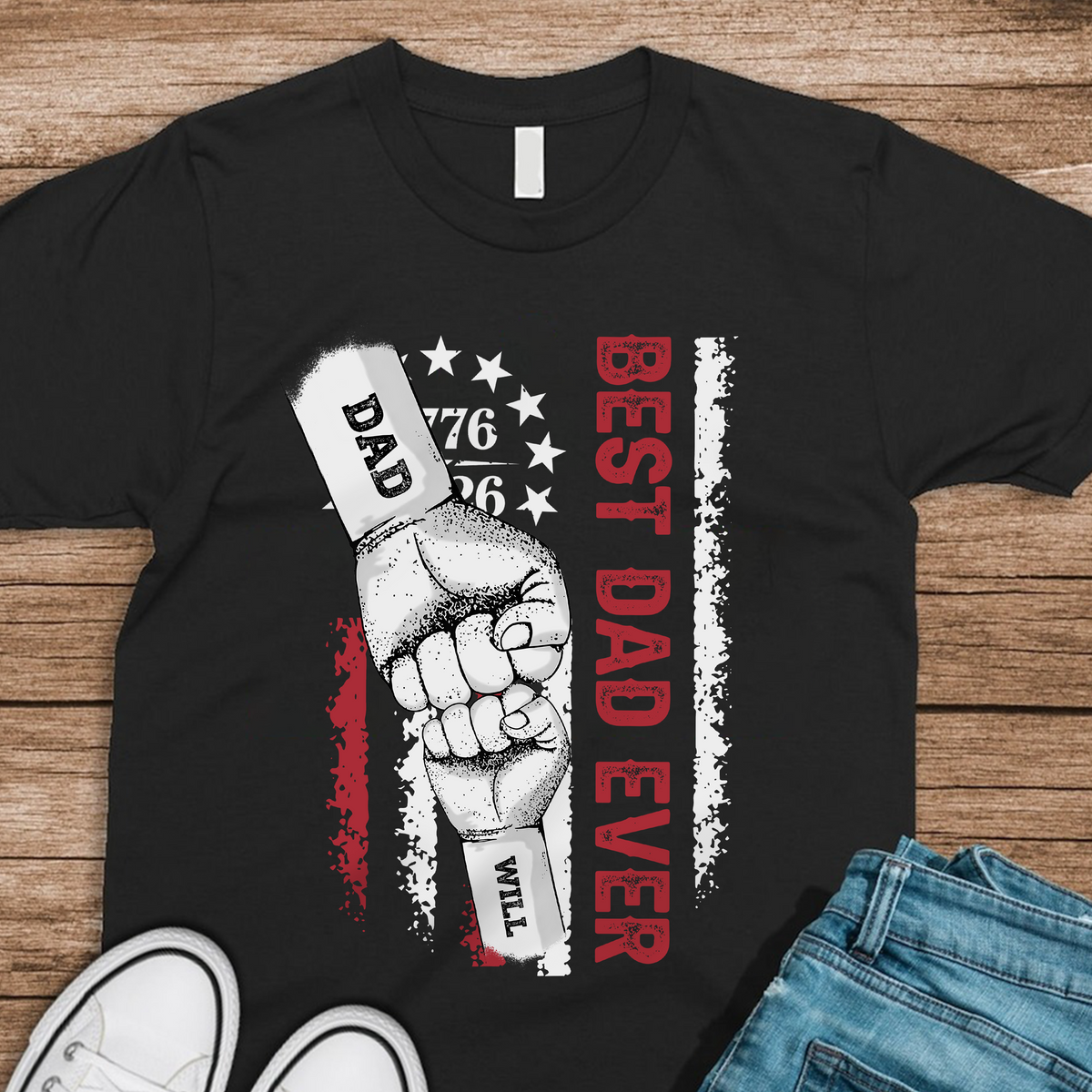 Custom Name Best Dad Ever Hand To Hand America Flag 1776-2026 Dark Shirt, Father’s Day Gift LM32 899611