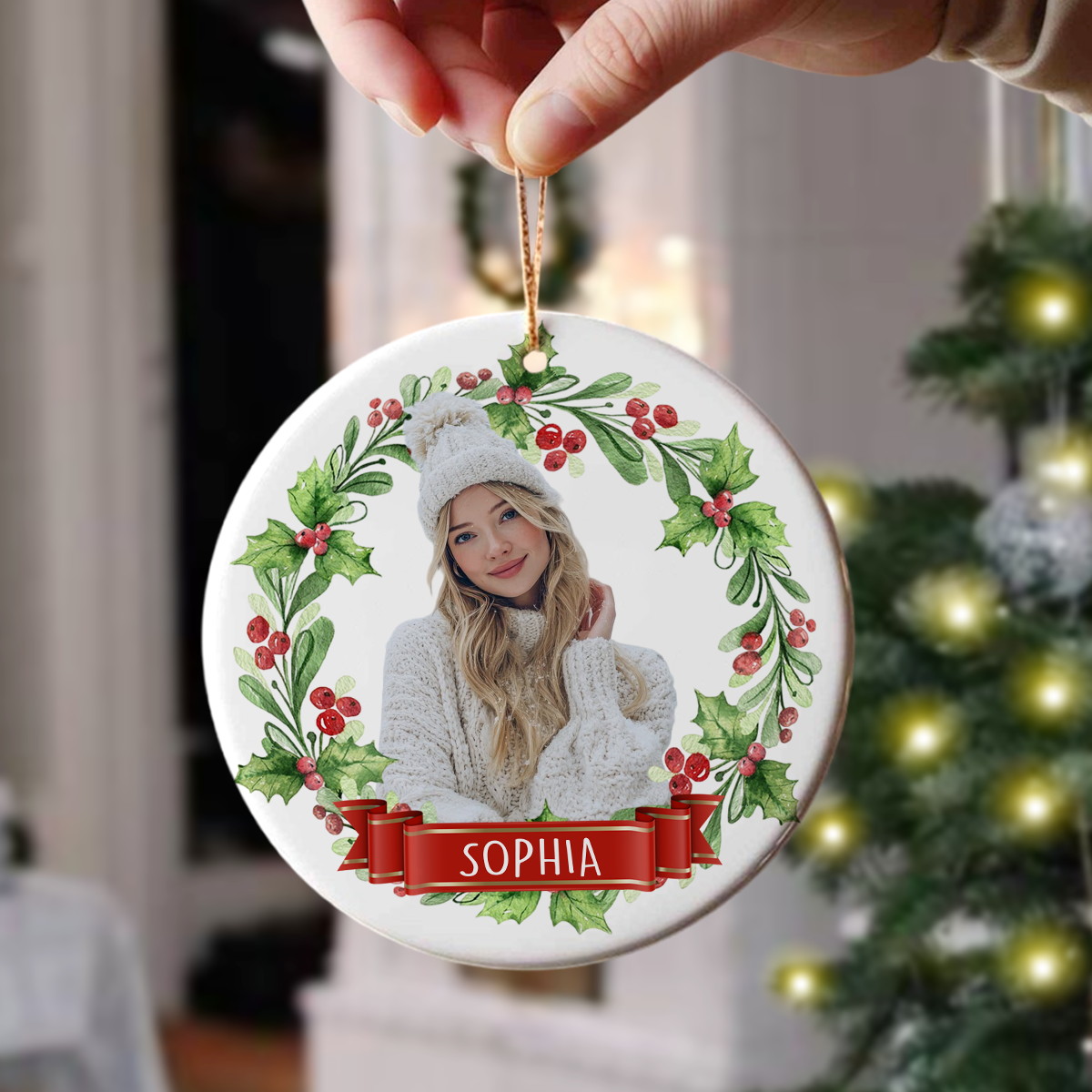 Custom Photo Christmas Wreath Ceramic Ornament, Personalized Holiday Keepsake TH10 171375