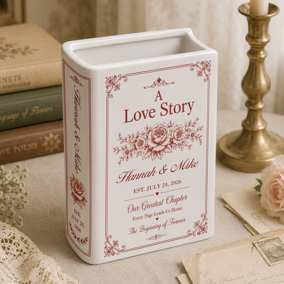 Personalized A Love Story Toile De Jouy Ceramic Book Vase Bridal Shower Gift, Engagement Gift CH07 180436