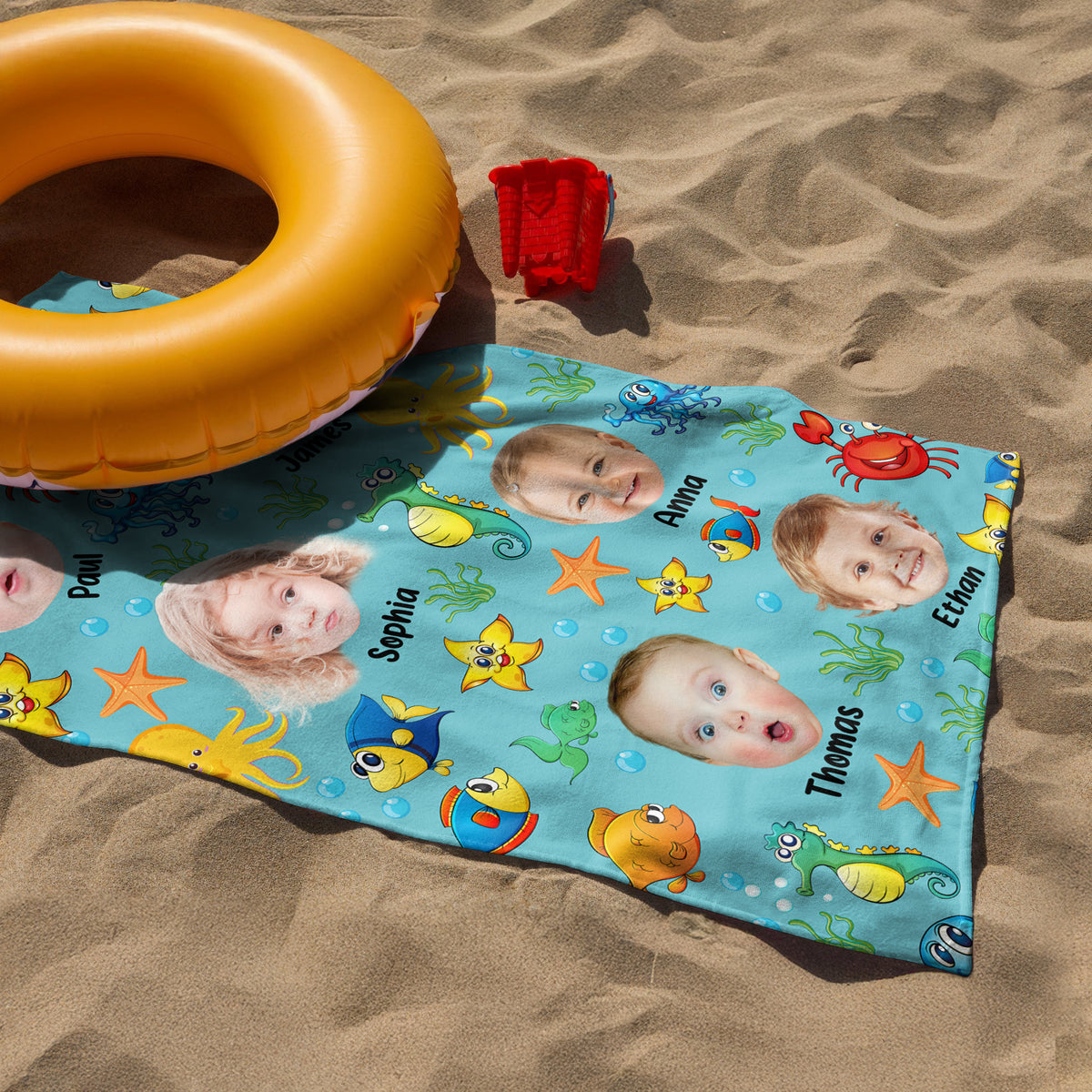 Custom Photo Cute Kid Face Watercolor Sea Creatures Summery Beach Towels CH07 895818