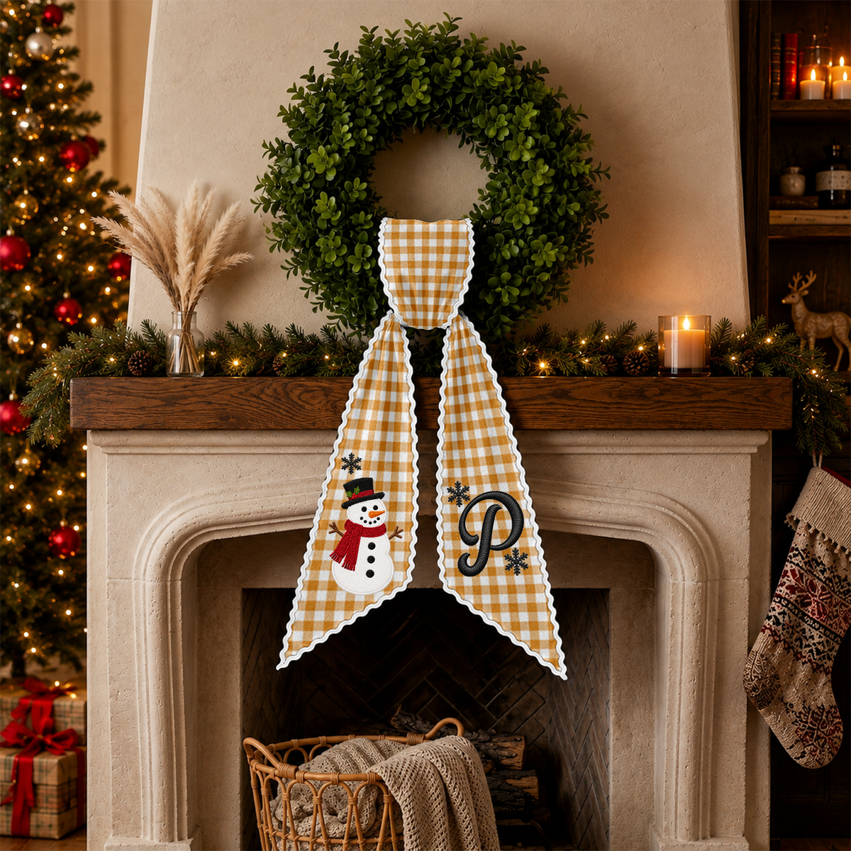Personalized Letter Name Snowman Christmas Embroidered Wreath Sash, Festive Holiday Door Decor LM32 670205