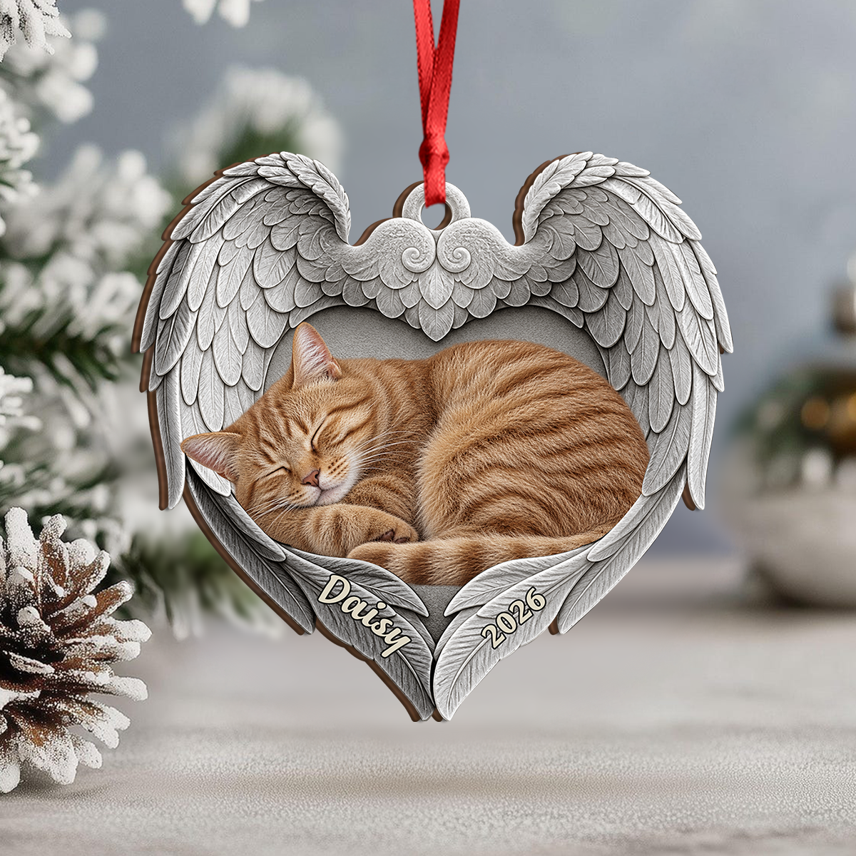 Personalized Cat Sleeping Angel Wings Wood Ornament, Pet Memorial Keepsake HA75 921764