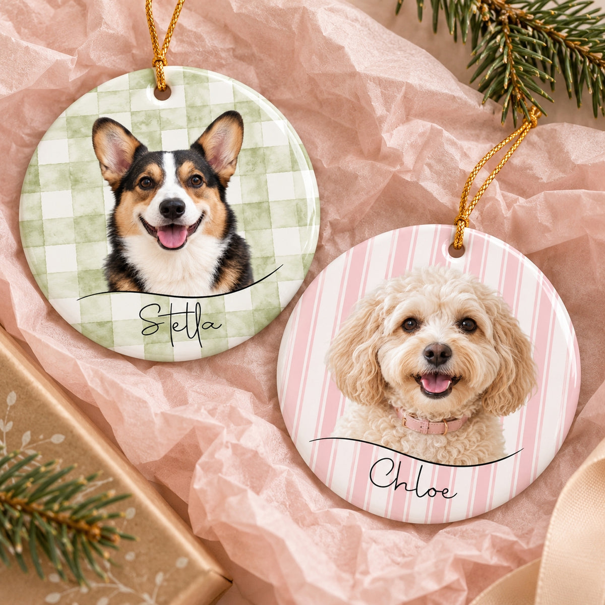 Custom Dog Cat Photo Gingham & Striped Pattern Ceramic Ornament LM32 670371