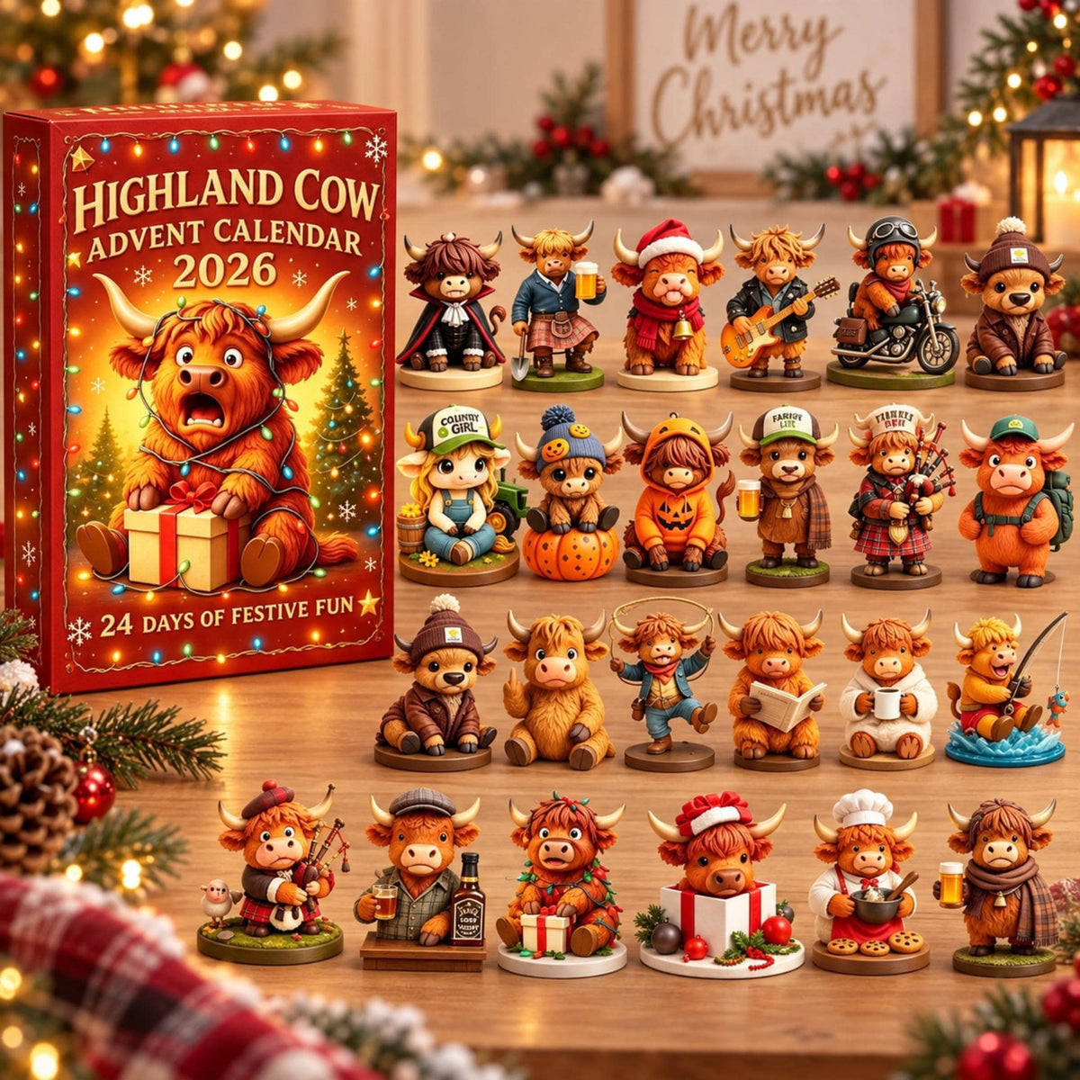 24 Days Christmas Highland Cow Advent Calendar 2026, Figurines Farmhouse Holiday Decor LM32 670173