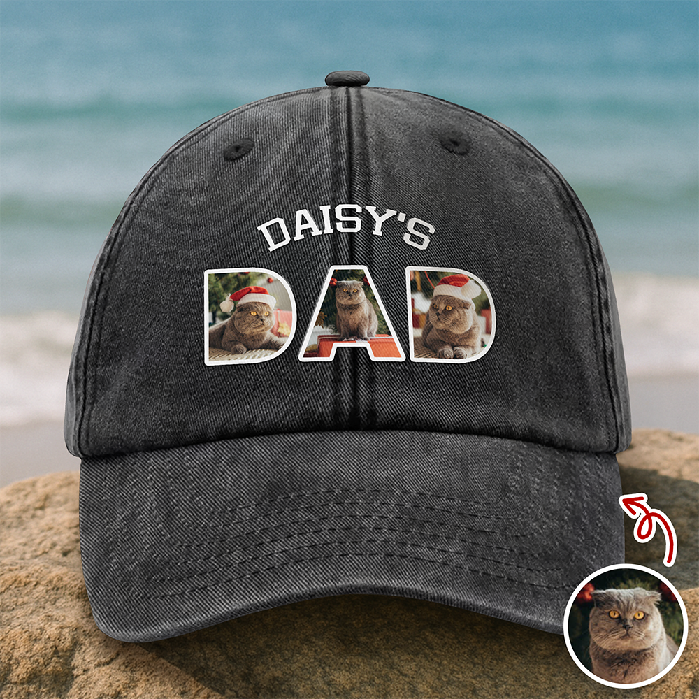 Upload Photo Dog, Cat & Dad - Dog, Cat's Dad Washed Denim Baseball Cap HA75 892948
