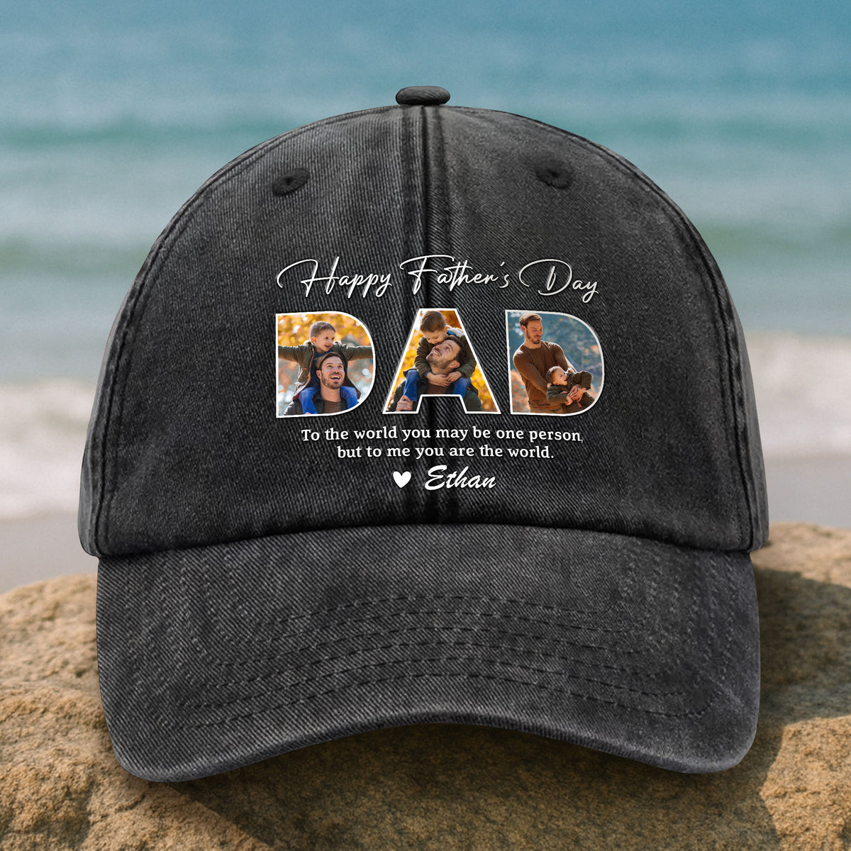 Custom Photo Happy Father's Day To Me You Are The World Washed Denim Baseball Cap Gift For Dad HO82 893944