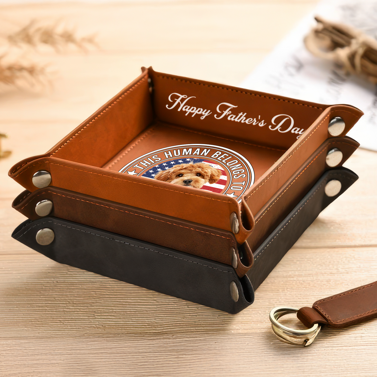 Custom Photo Human Belongs To Dog Happy Father's Day Leather Valet Tray LM32 893611