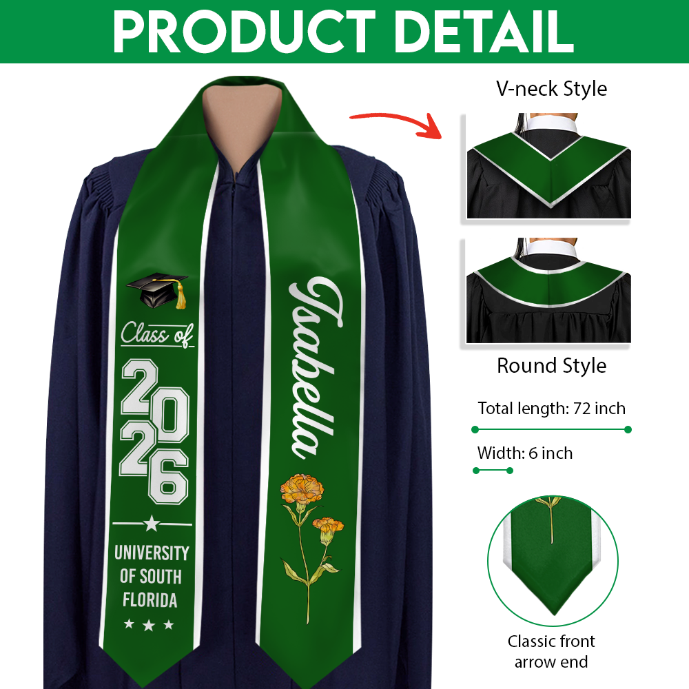 Personalised Birth Flower Graduation Class Of 2026 Stoles Gift for Graduates LM32 899327