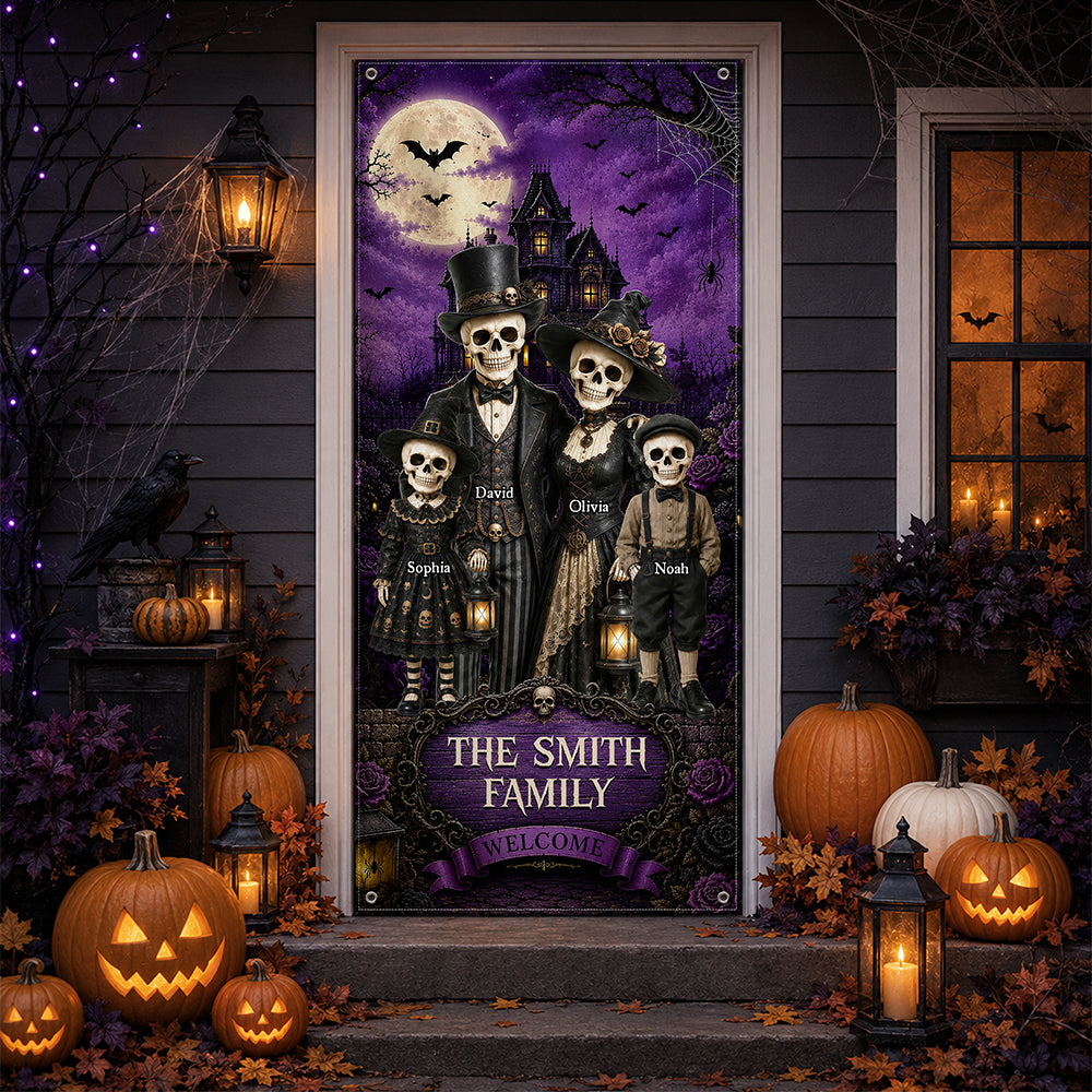 Personalized Gothic Skeleton Family Halloween Door Cover - Custom Family Name Halloween Decor CH07 180196
