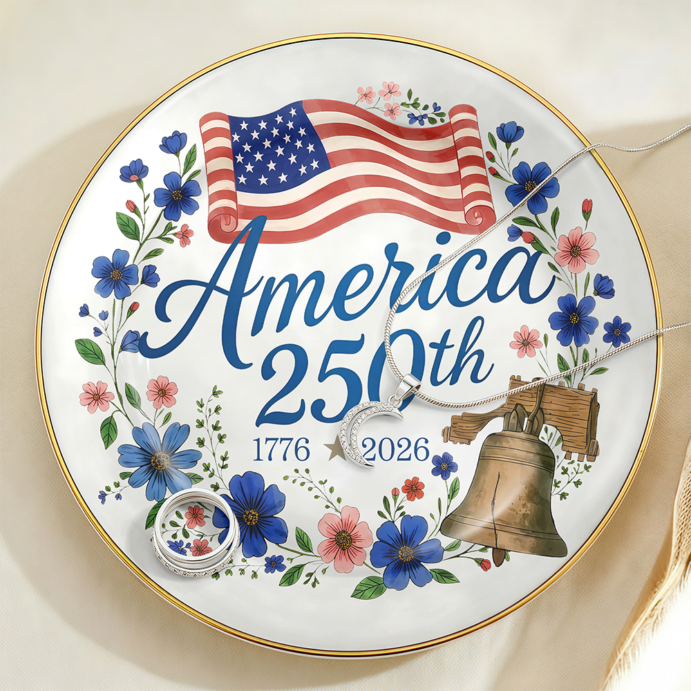 America 250th Anniversary 1776–2026 Floral Ring Dish – Patriotic Jewelry Tray Gift LM32 899509