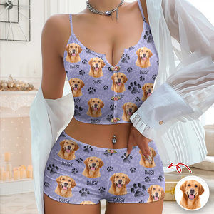 Custom Portrait Photo Dog Cat Christmas Appliques Notched Neckline Lingerie Set LM32 893905