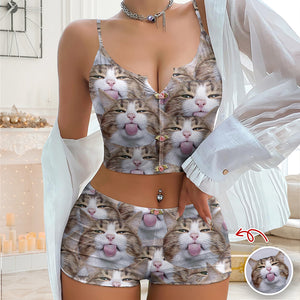 Custom Cute Dog Cat Face Appliques Notched Neckline Lingerie Set LM32 893961