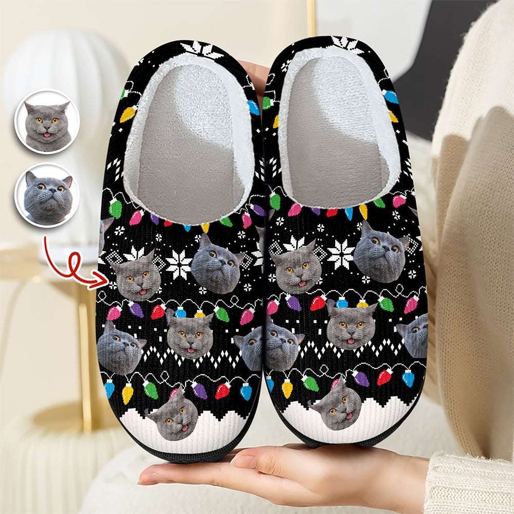 Custom Cat Faces Funny Christmas Lights Plush Slippers Gift For Cat Lovers HO82 900158