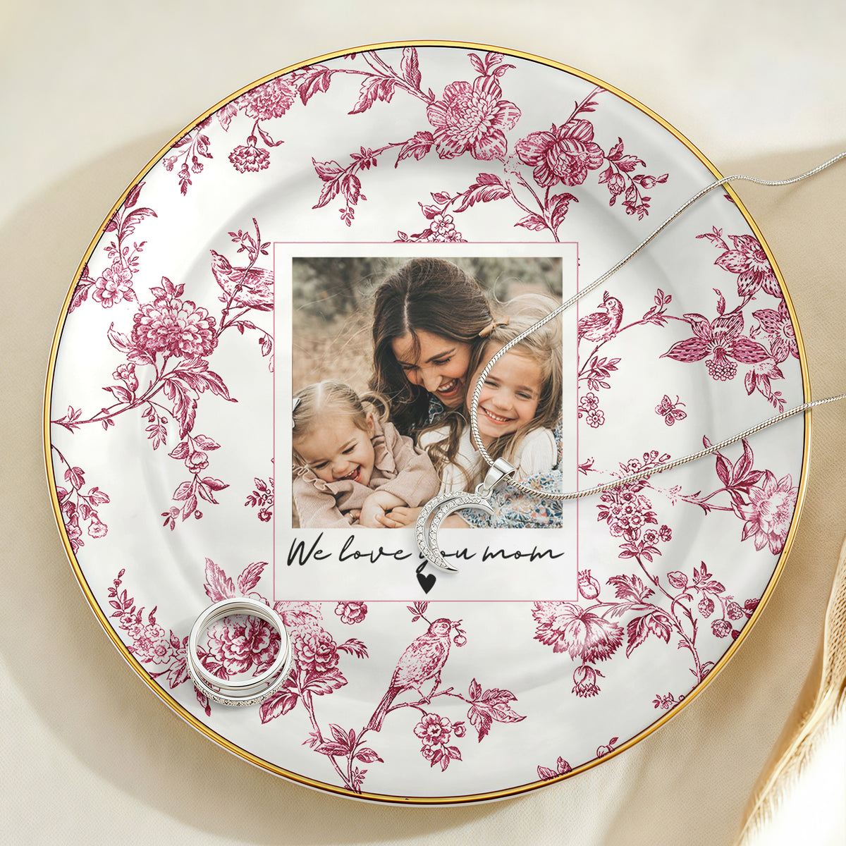 Custom Photo I Love You Mom Toile De Jouy Ring Dish, Personalized Mother’s Day Gift LM32 899809