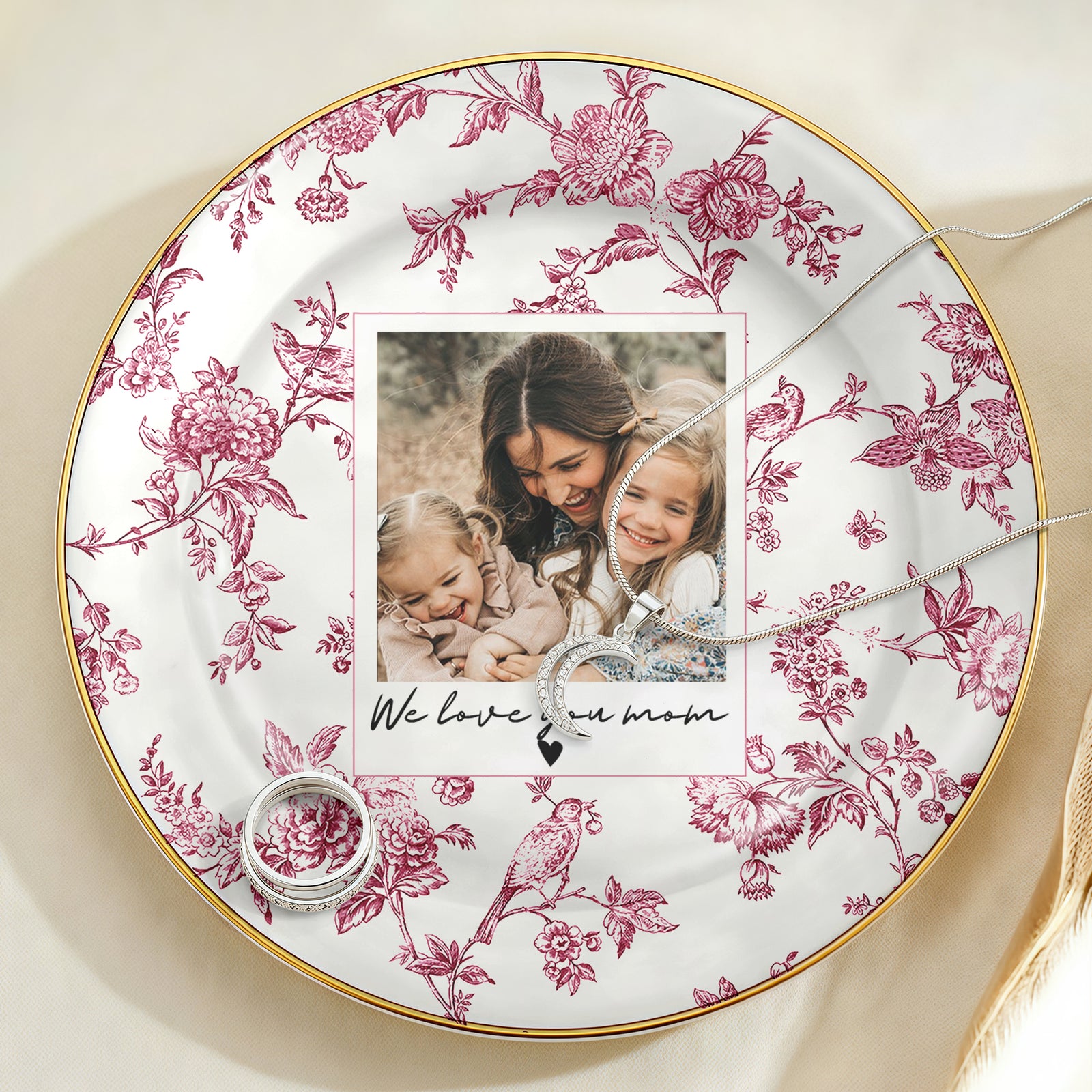 Custom Photo I Love You Mom Toile De Jouy Ring Dish, Personalized Mother’s Day Gift LM32 899809