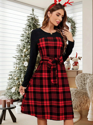 Plaid Christmas Dress Black and Red Long Sleeve for Women