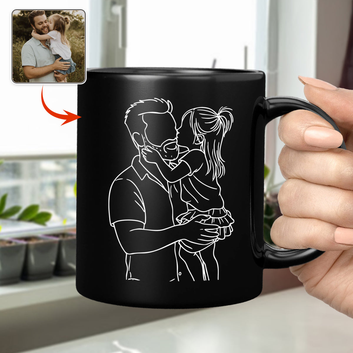 Custom Photo Dad With Kid Drawing Style Black Mug Gift For Birthday, For Dad HO82 894204