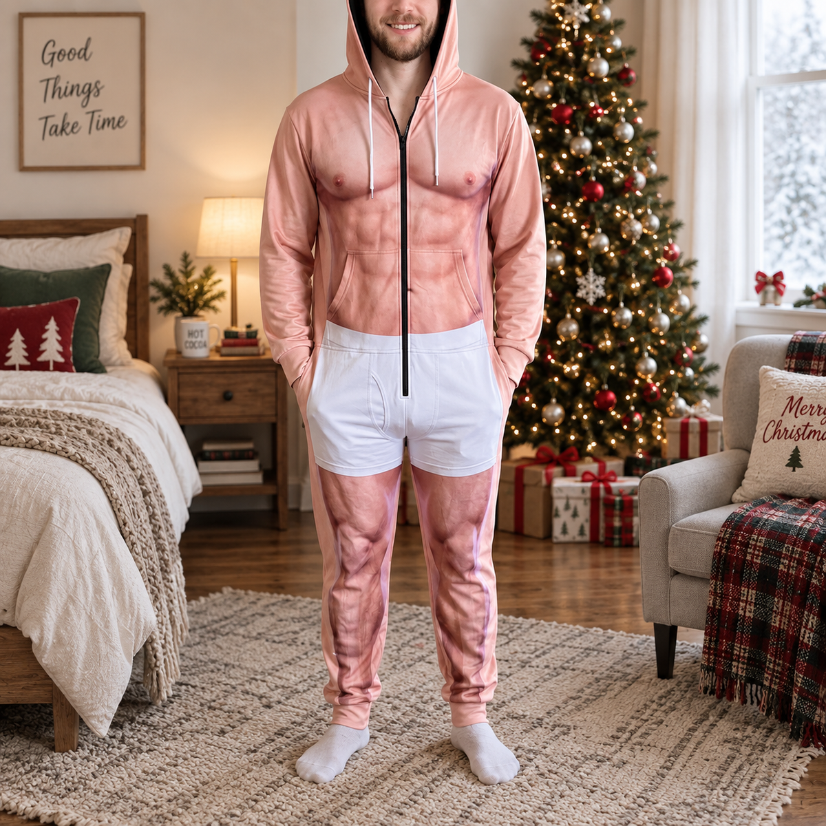 Personalized Funny Hairy Man Body Print Christmas Onesie Pajamas for Men LM32 670079