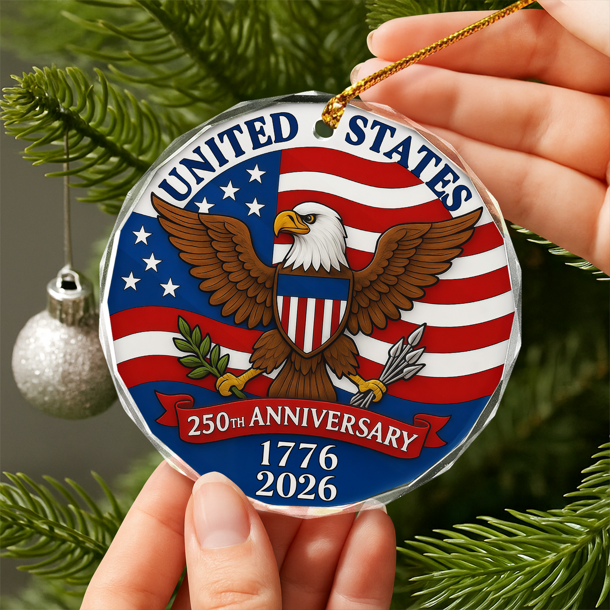 1776 -2026 American 250th Anniversary Eagle Glass Ornament CH07 899232