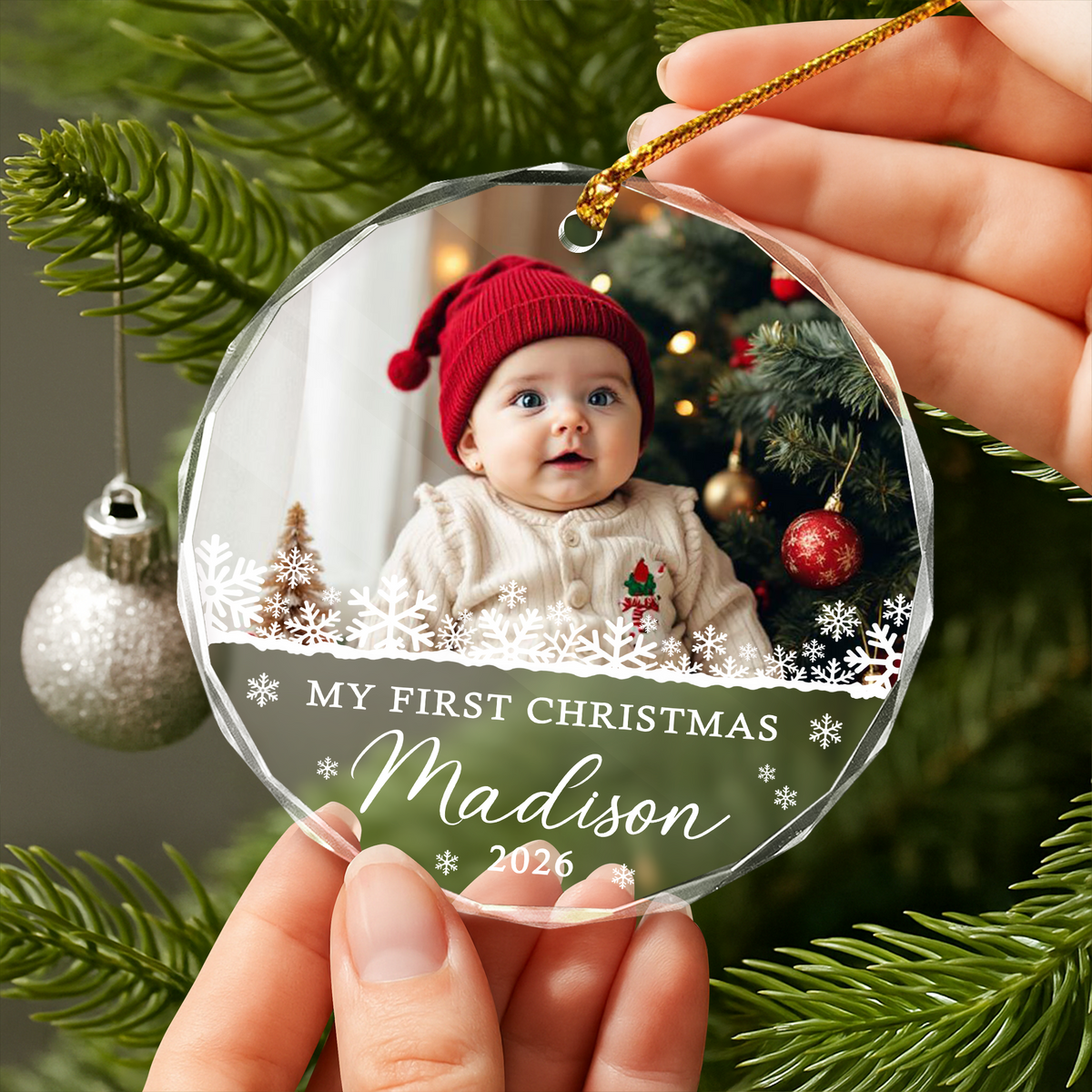 Custom Photo Baby's First Christmas Glass Ornament, New Baby Gift, Newborn Christmas Gift HA75 919146