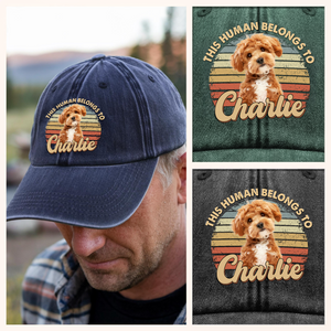 Custom Photo This Human Belongs To Dog, Cat Washed Denim Baseball Cap HA75 892512