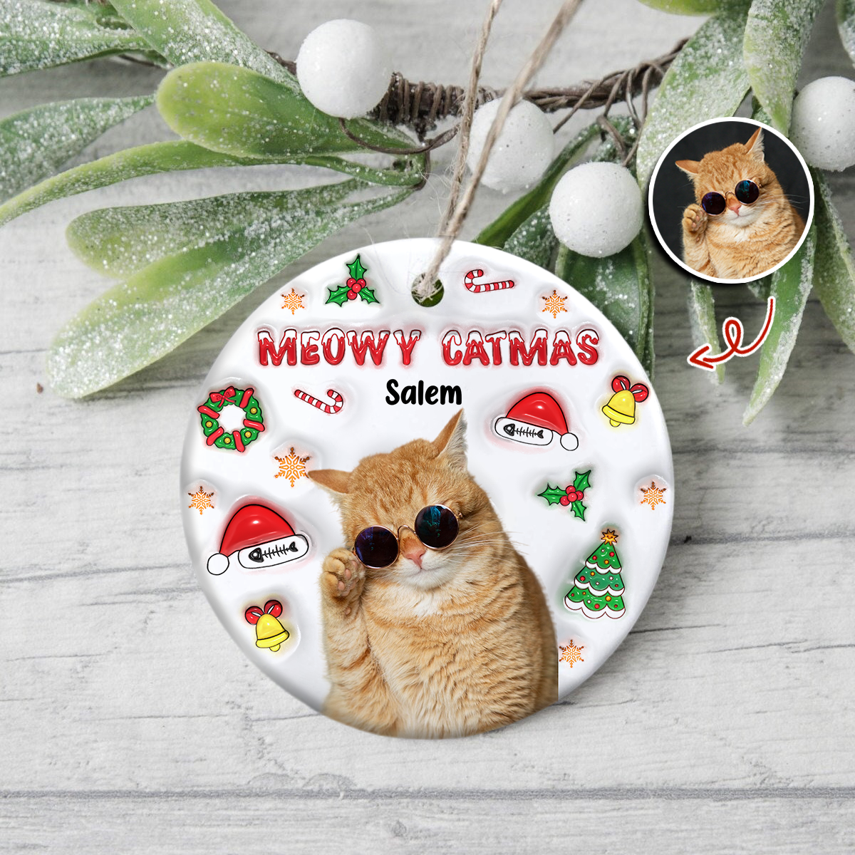 Meowy Catmas Custom Cat Photo 3D Inflated Effect Ceramic Ornament CH07 896366