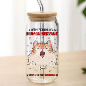Happy Mother's Day Human Servant Funny Personalized Glass Can With Lid Gift For Cat Lovers CH07 895446