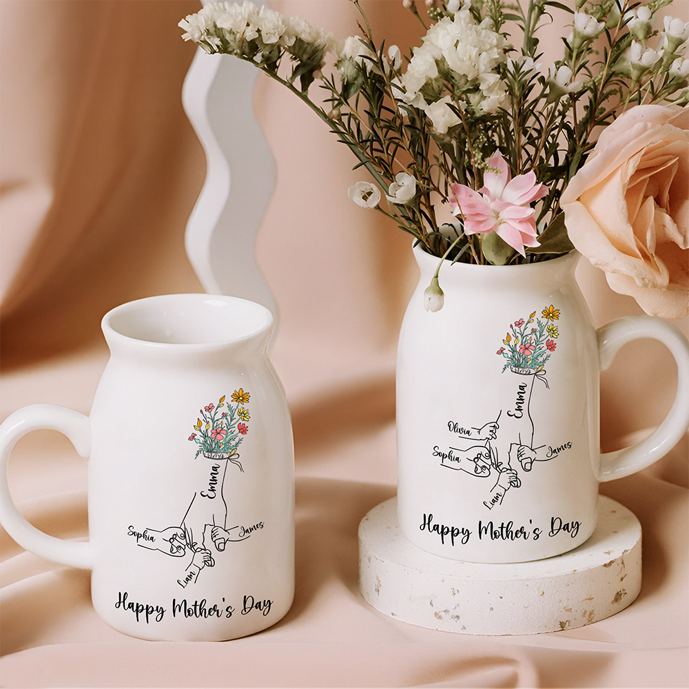 Personalized Floral Hands Mom With Kids Vase Gift For Mother's Day CH07 910882
