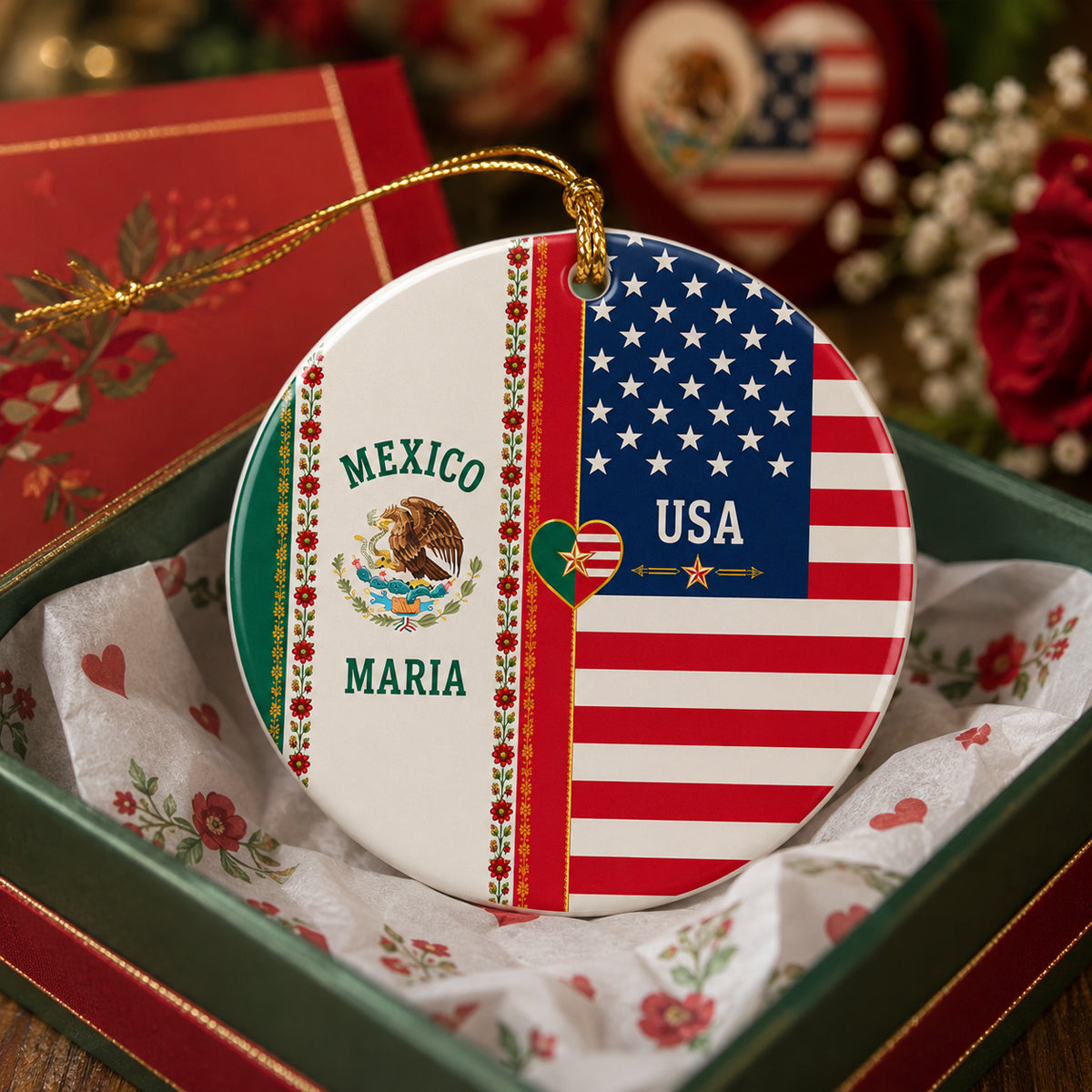 Custom Name Mexican American Flag Ceramic Ornament, Patriotic Gift for Mestizo CH07 180392