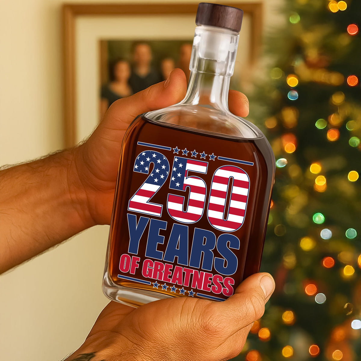 250 Years of Greatness USA Flag Patriotic 1776-2026 Anniversary Whiskey Bottle LM32 895225