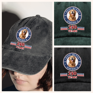Custom Photo Dog Bless America 250 Years Washed Denim Baseball Cap TH10 896913