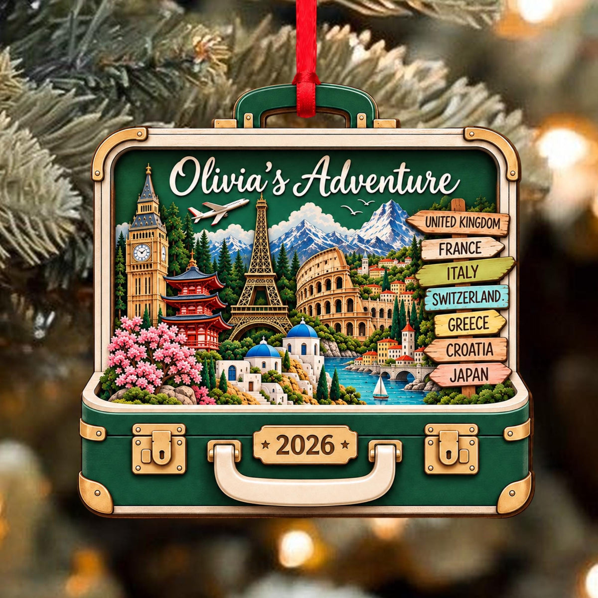 Personalized Travel Suitcase Christmas Wooden Ornament, Adventure Keepsake LM32 670681