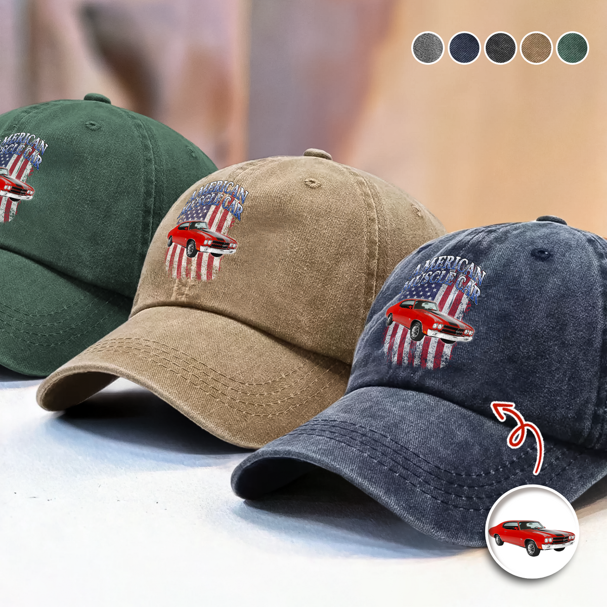 Custom Car Photo USA Flag Washed Denim Baseball Cap CH07 896514