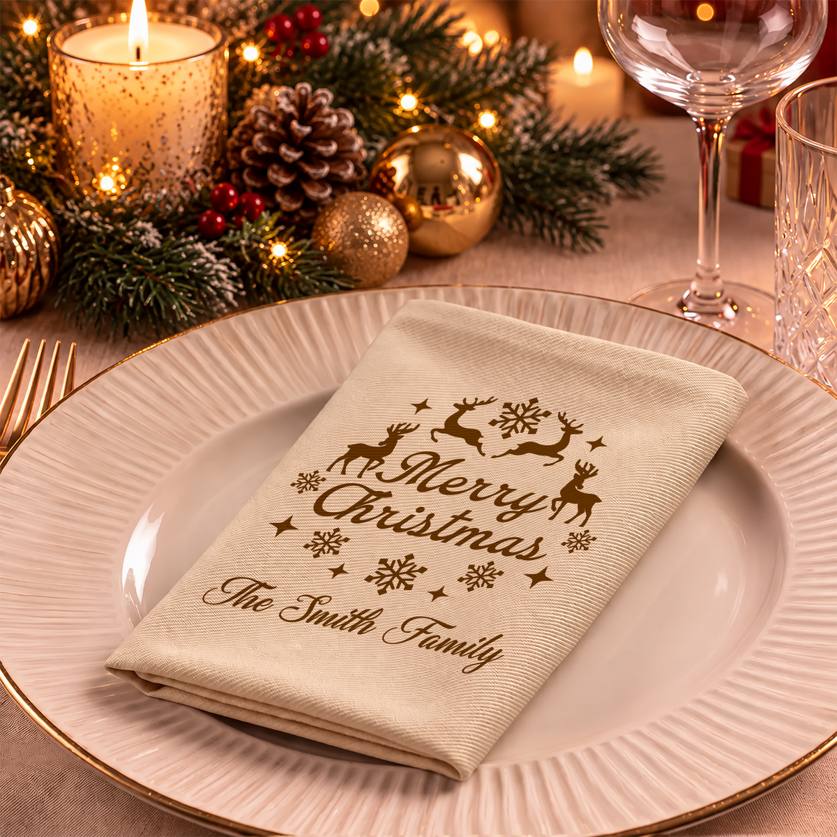 Custom Family Name Merry Christmas Reusable Cotton Napkin Christmas Decor HA75 919456