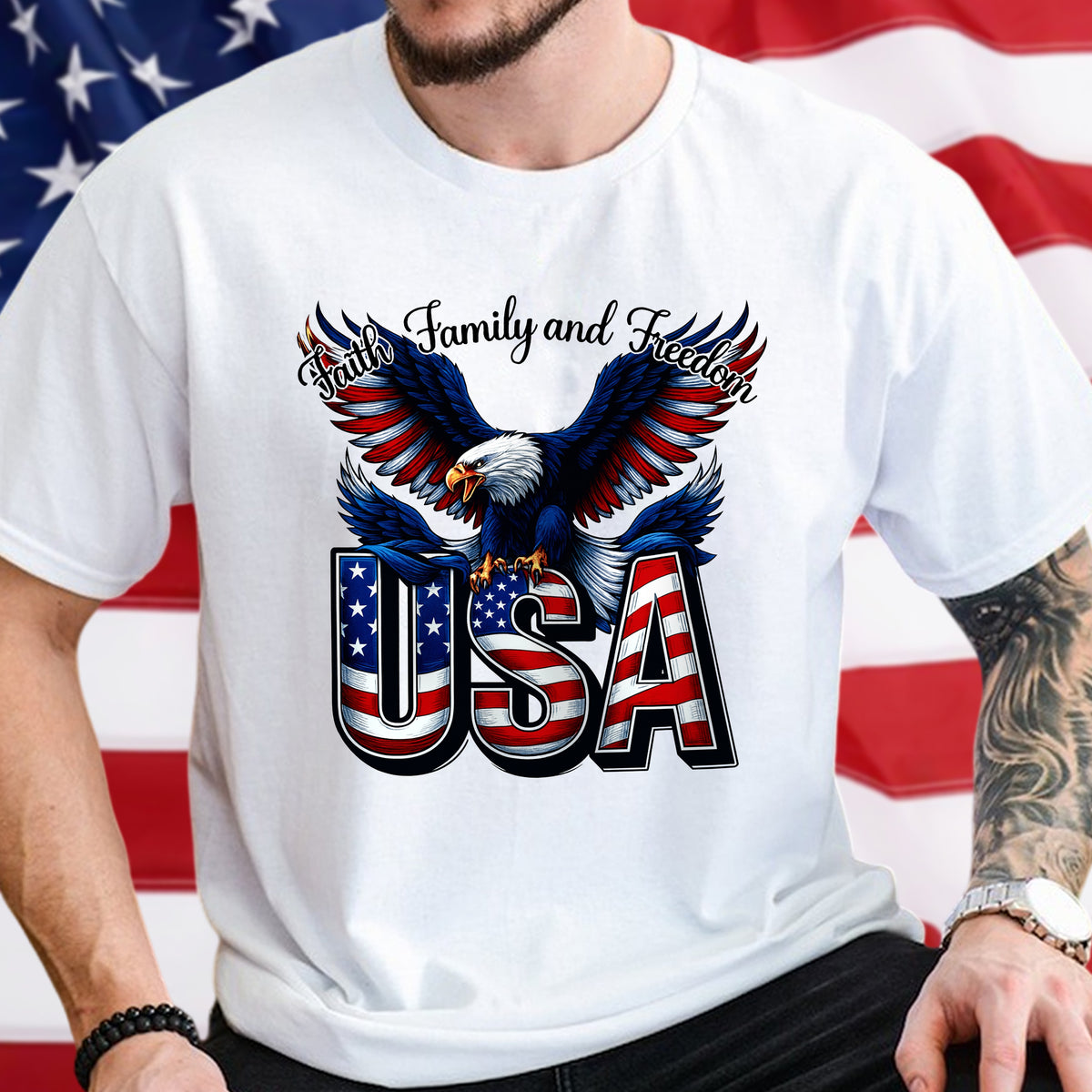 Faith, Family & Freedom America 250 Years Patriotic Bright Shirt LM32 897355