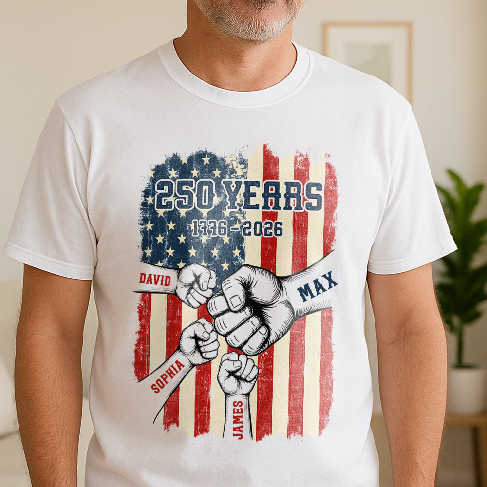 Custom Name 250th Anniversary 1776–2026 American Flag White T-Shirt, Patriotic USA Shirt TH10 169209