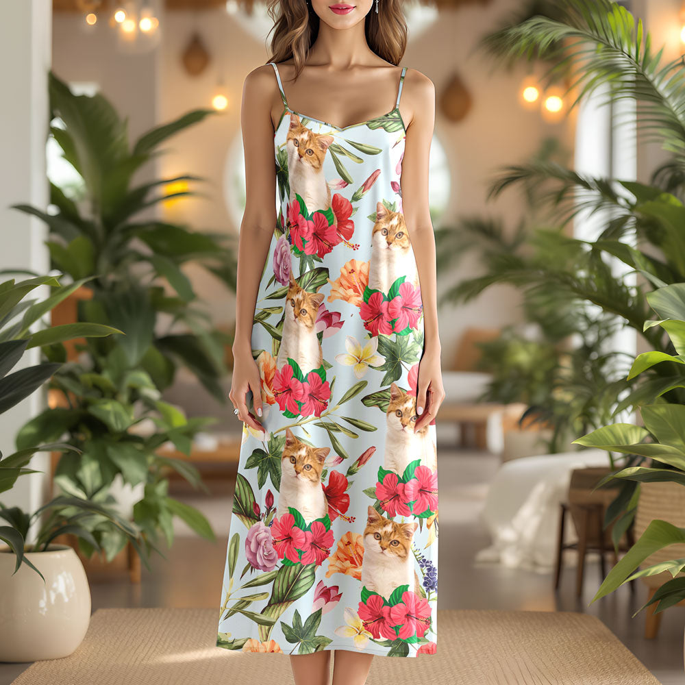 Custom Cat Photo Tropical Women's V-Neck Cami Maxi Dress HO82 893606