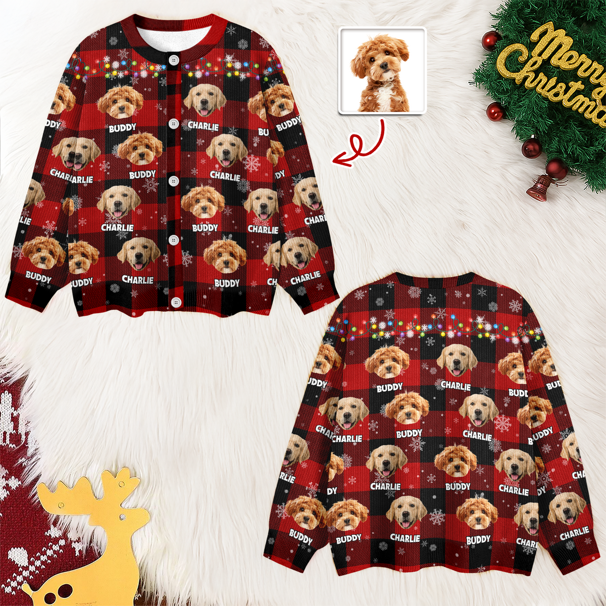 Custom Dog Photo Name Christmas Light Snow Cardigan CH07 899596
