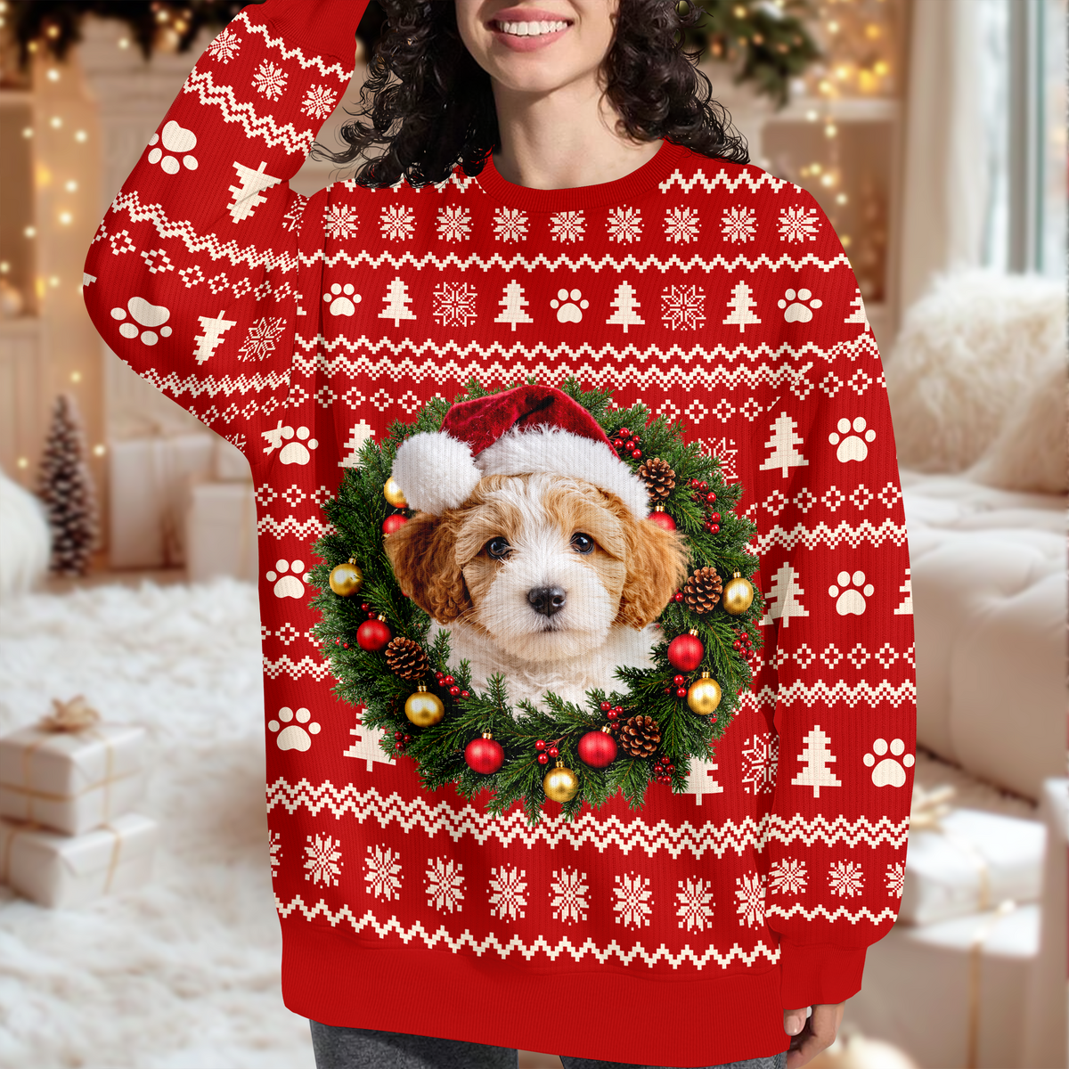 Custom Pet Photo Christmas Wreath Gift Personalized Ugly Sweatshirt CH07 181154
