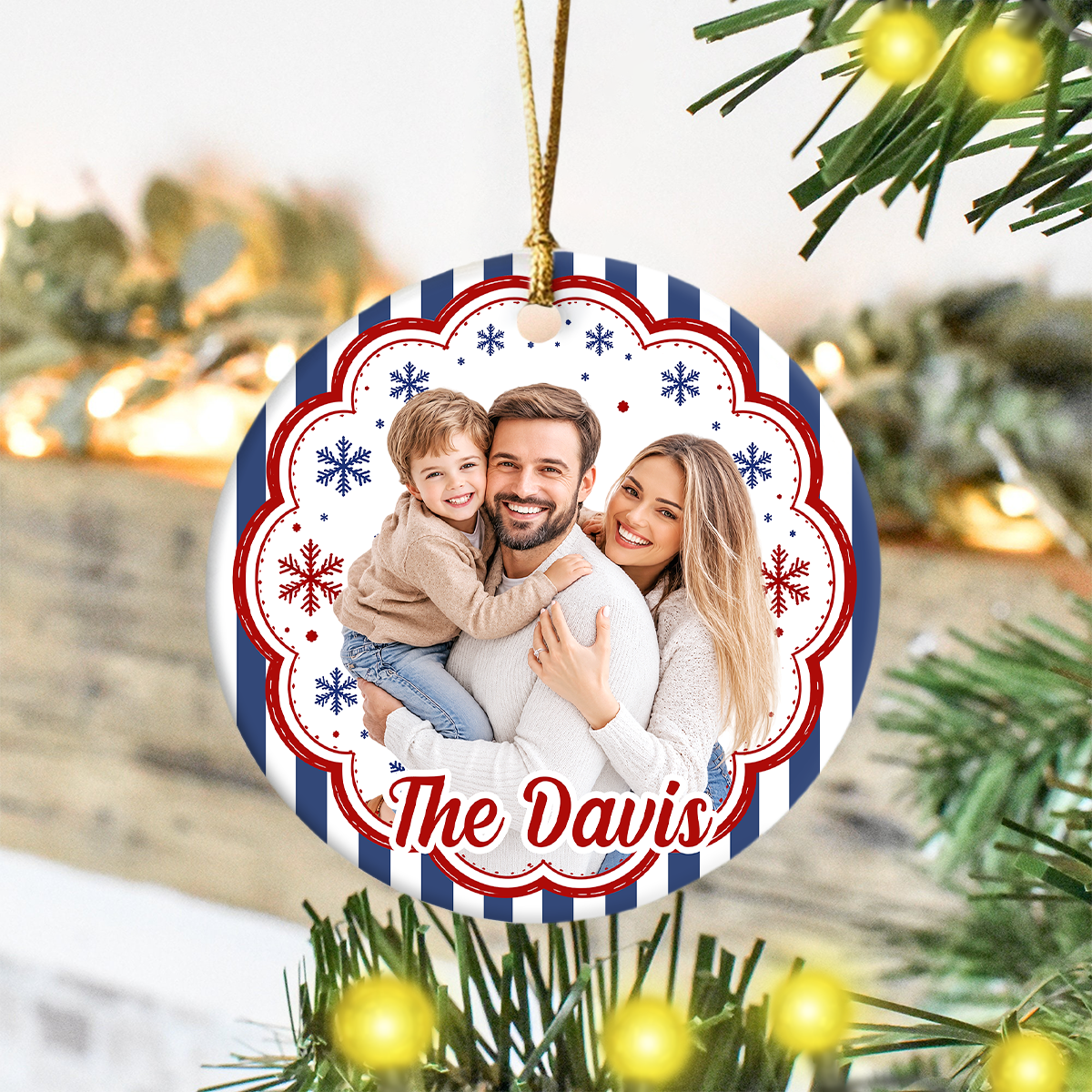 Custom Family Photo Striped Pattern Ceramic Christmas Ornament HA75 922130