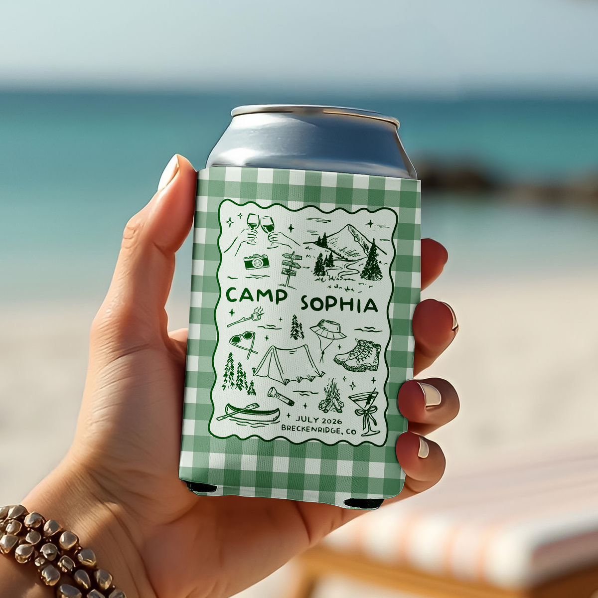 Custom Name Camp Bachelorette Can Cooler - Personalized Camping Party Favor HO82 902982