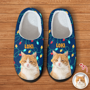 Custom Photo Cat Christmas Lights Slippers Unique Funny Gift HA75 897694