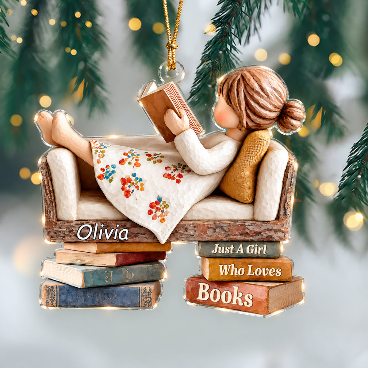 Custom Name Just A Girl Who Loves Books Acrylic Ornament, Bookworm Holiday Keepsake LM32 670021