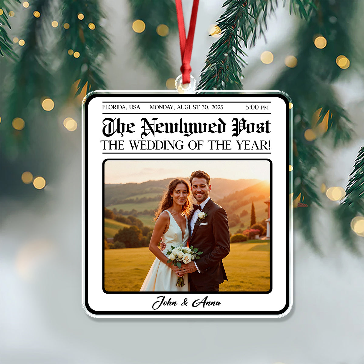 Custom Photo The Newspaper Newlywed Post Acrylic Ornament Christmas Gift For Couples, Husband, Wife HO82 894832