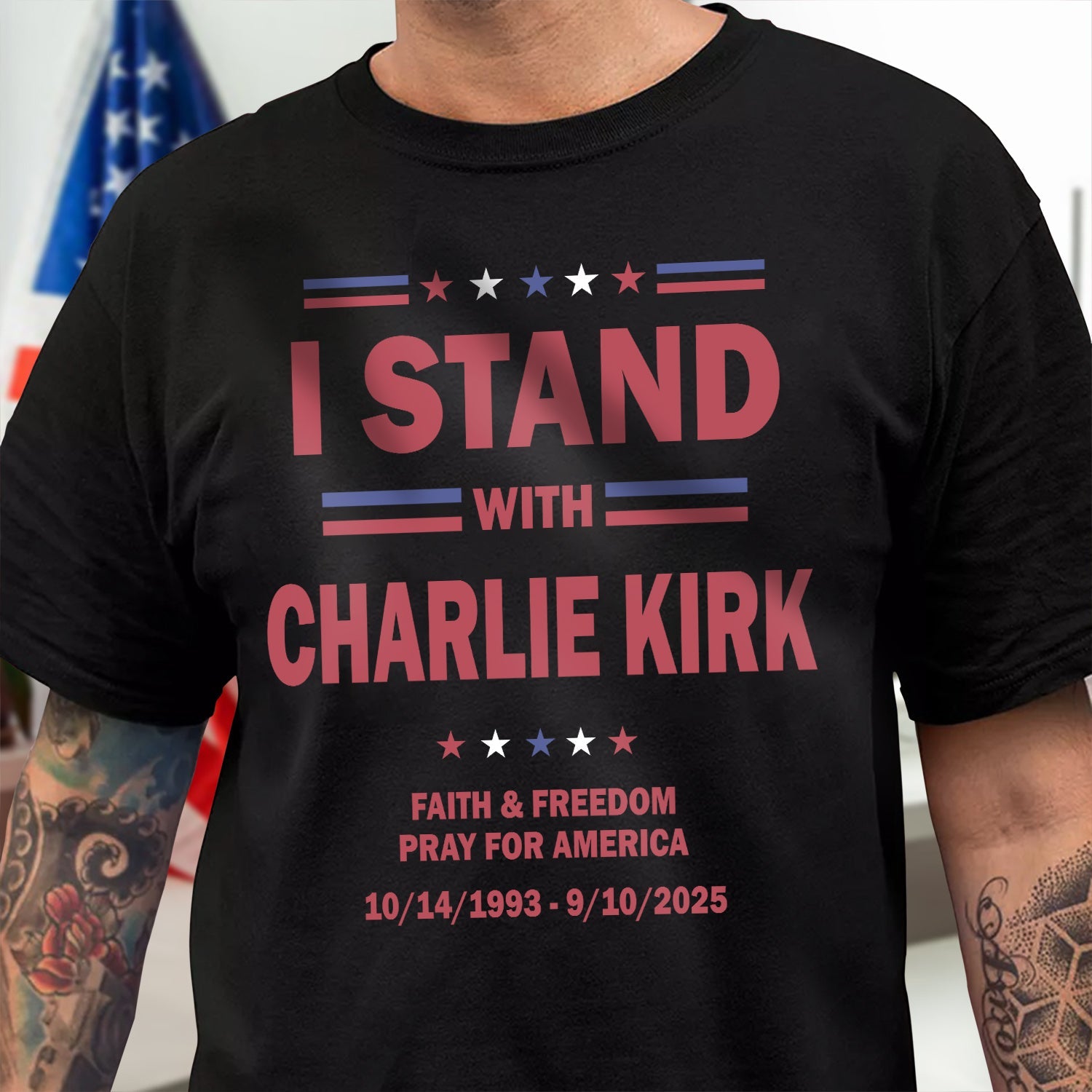 I Stand With Charlie Kirk, Faith & Freedom Dark Shirt LM32 65483