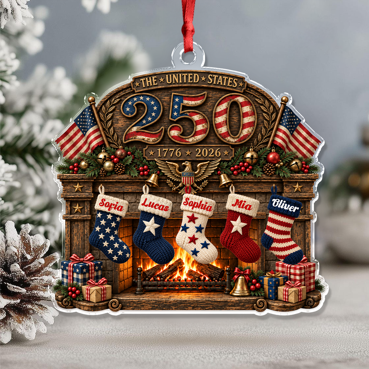 Personalized Custom Family Name Patriotic Christmas Fireplace Stocking 250th Anniversary Acrylic Ornament For Family TH10 171039