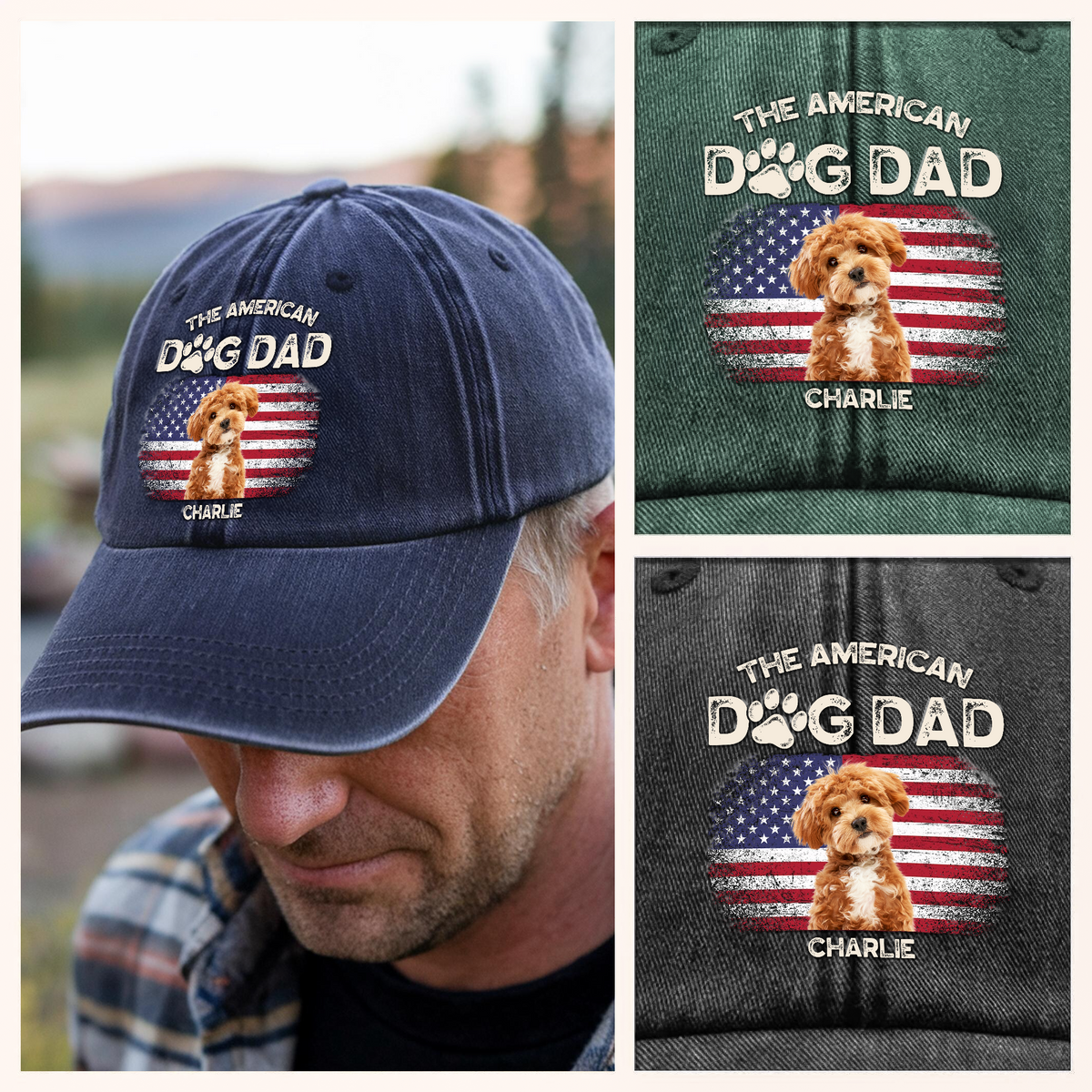 Custom Photo The American Dog Dad Dog Mom Washed Denim Baseball Cap TH10 894115
