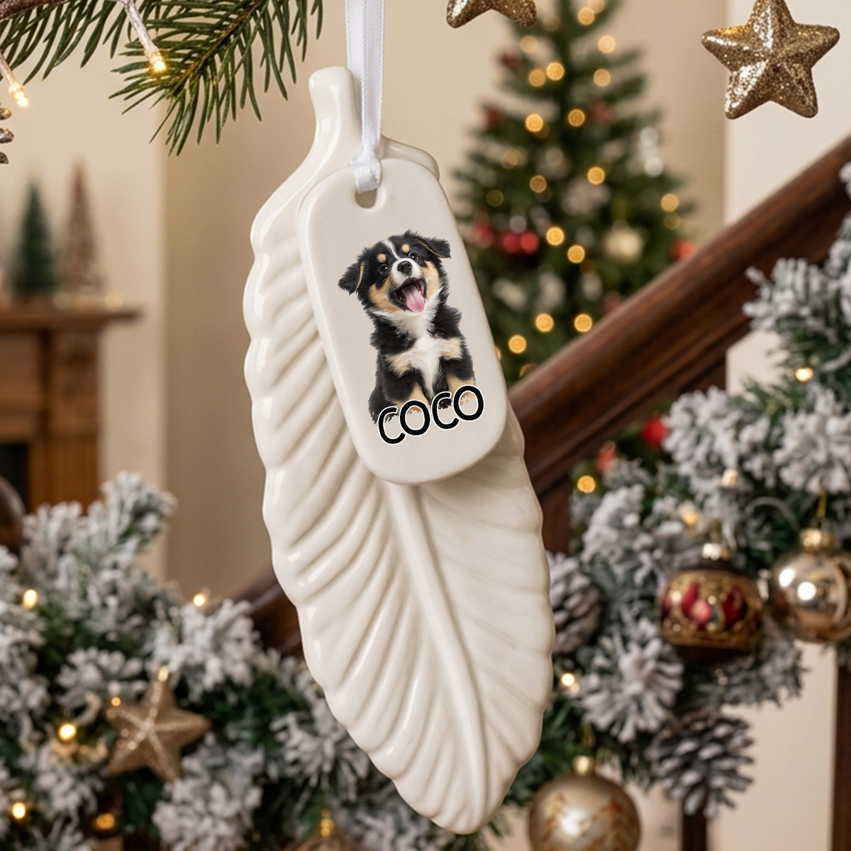 Custom Photo Dog Cat Dad Mom Feather Ceramic Ornament HO82 903792