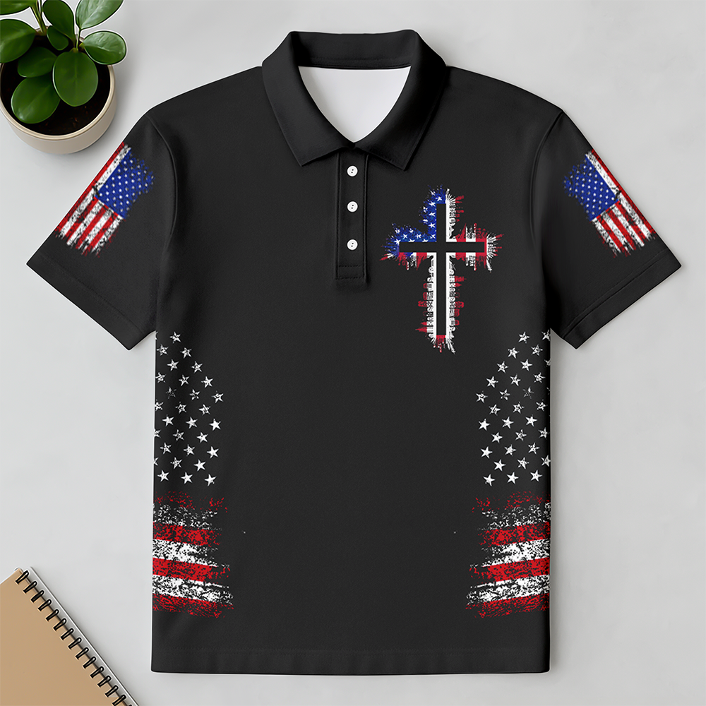 Personalized American Flag Cross Polo Shirt – Christian Faith Patriotic Shirt for Men LM32 899601
